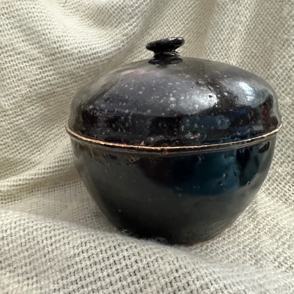 Vintage Asian Brown Glaze Stoneware Lidded Pot Jar Dark Wabi Sabi Japandi 6.5